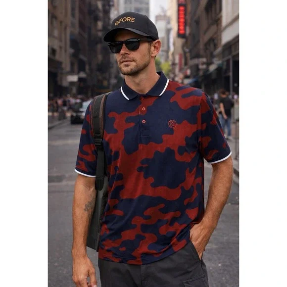 G Fore Men Polo Shirt L Burgundy Navy Camo Performance Stretch Golf Luxe